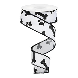 1.5" Paw Print Royal Ribbon: White & Black (10 Yards)