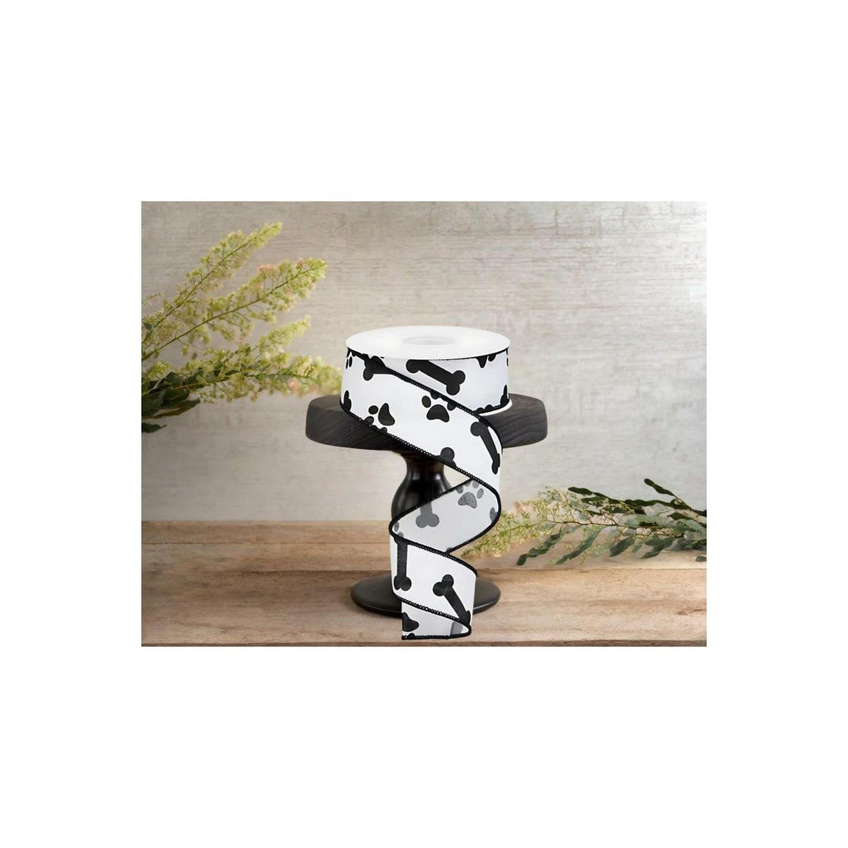 1.5" Paw Print Royal Ribbon: White & Black (10 Yards)