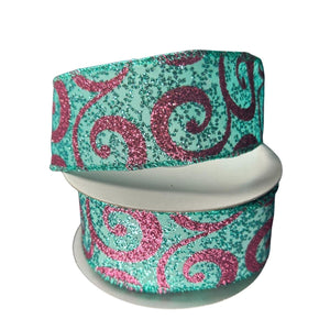 1.5" Pink Glitter Swirl Ribbon: Teal (10 Yards)