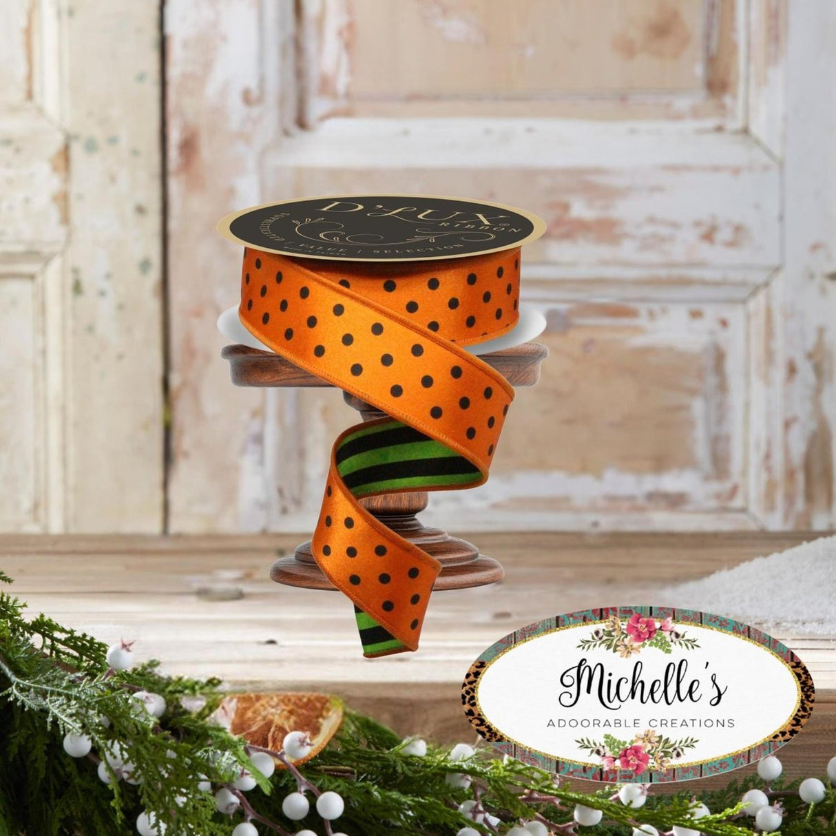 1.5" Polka Dot Striped Fused Ribbon: Orange (10 Yards)