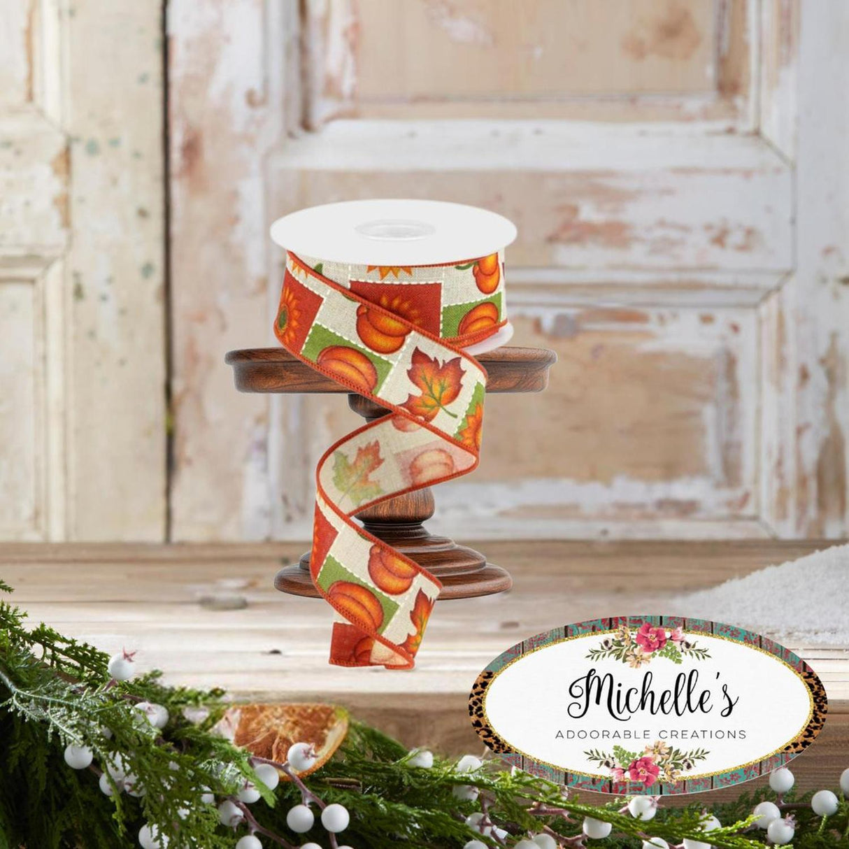 1.5" Pumpkin Sunflower and Maple Leaf Ribbon: Lt Natural (10 Yards)