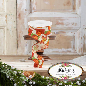 1.5" Pumpkin Sunflower and Maple Leaf Ribbon: Lt Natural (10 Yards)