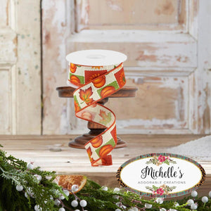 1.5" Pumpkin Sunflower and Maple Leaf Ribbon: Lt Natural (10 Yards)