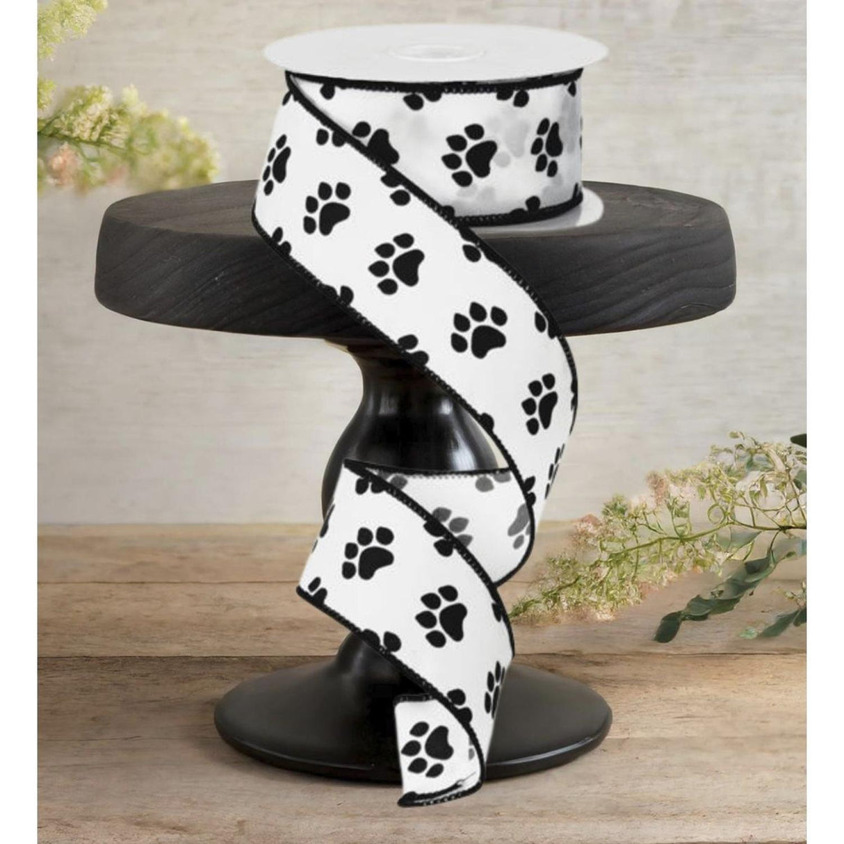 1.5" Satin Paw Print Ribbon: Black & White (10 Yards)