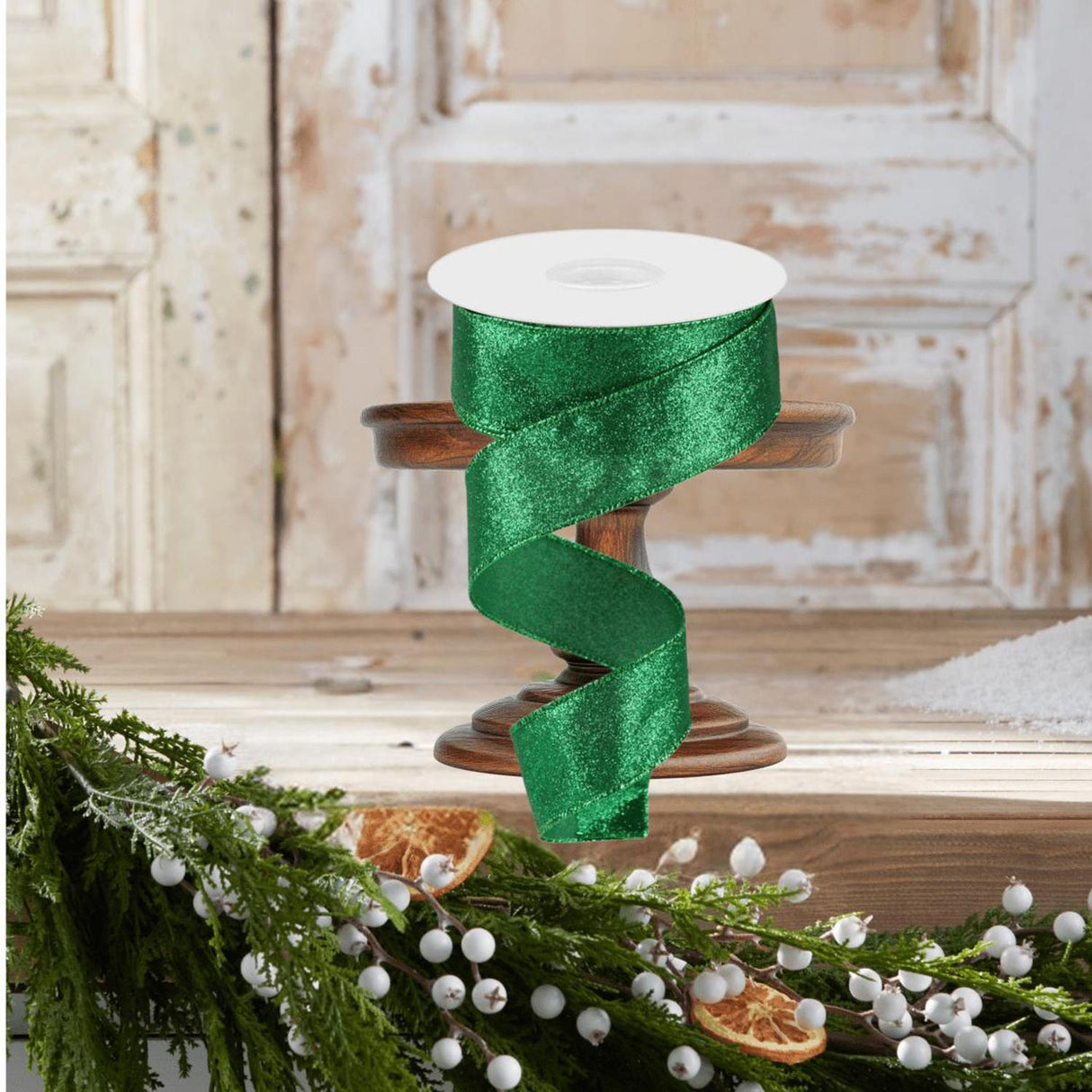 1.5" Shimmer Glitter Ribbon: Emerald Green (10 Yards)