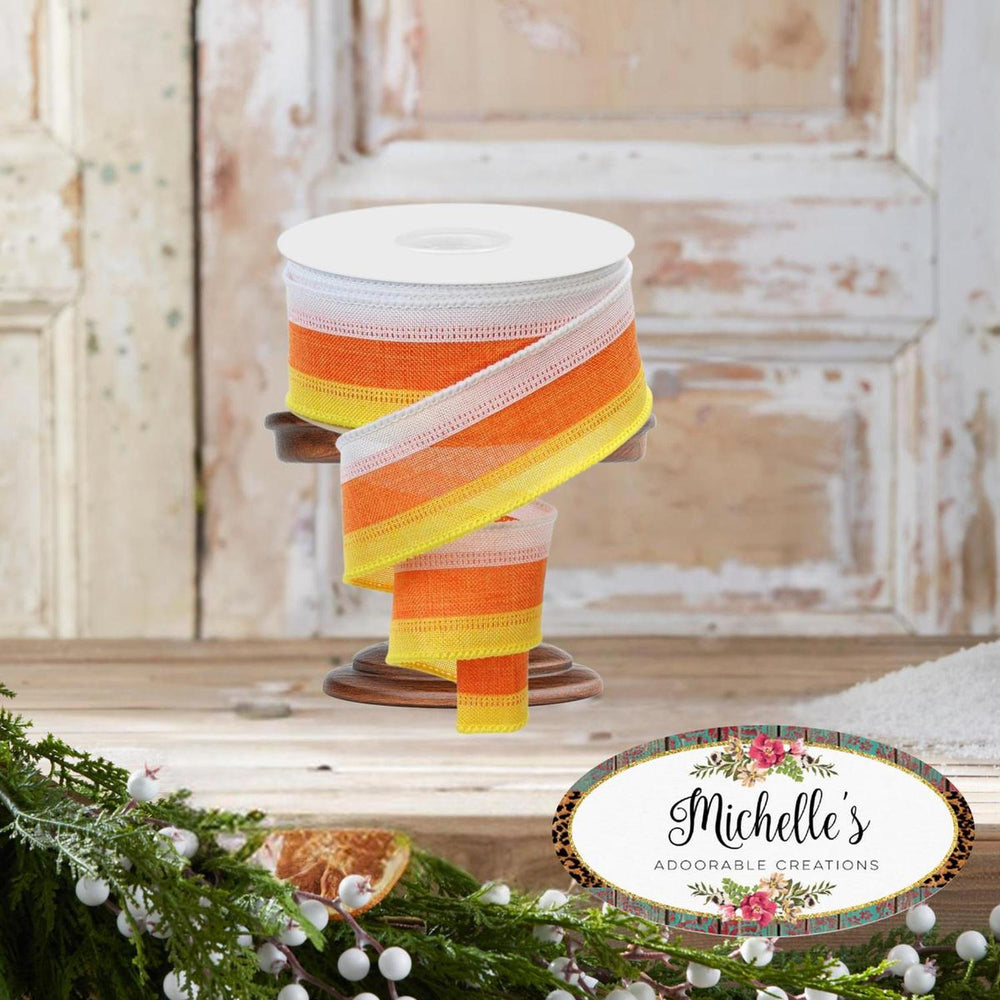 1.5" Tricolor Striped Ribbon: Orange/White, Yellow (10 Yards)