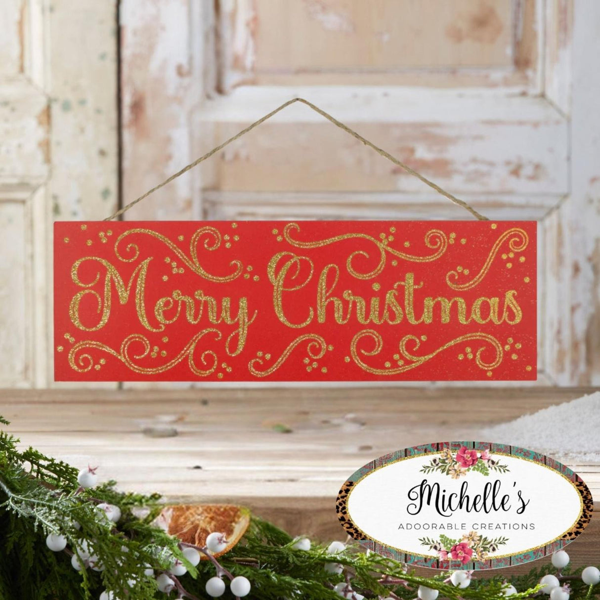 15" Wooden Sign: Merry Christmas Red/Gold