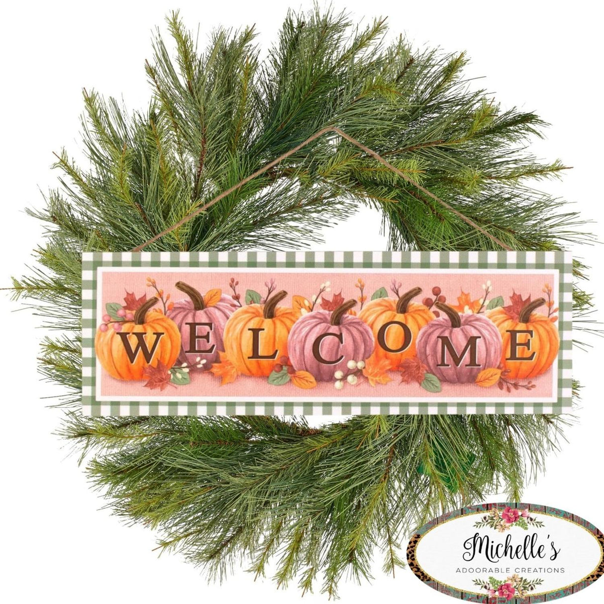 15" Wooden Sign: Welcome Pumpkins (Sage Green)