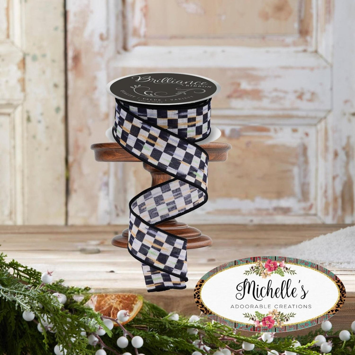 1.5in Mini Antique Checkerboard Ribbon: Black (10 Yards)