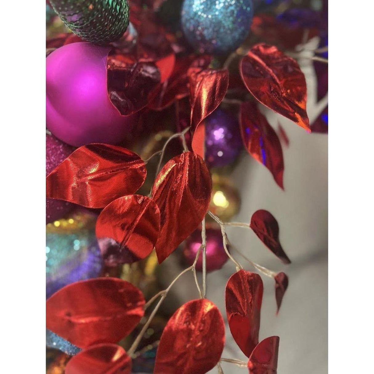 23" Metallic Ficus Leaf Spray: Red (Set of 12)