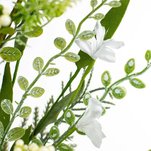 24" Fabric Flower, Leaf, Berry Spray: White