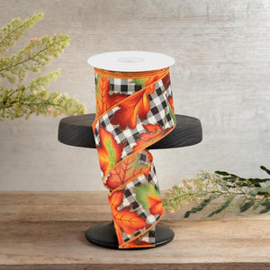 2.5" Autumn Leaves Check Ribbon: White/Black (10 Yards)