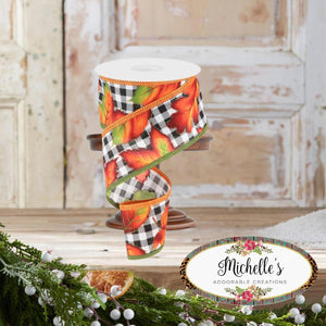 2.5" Autumn Leaves on Check Ribbon: White (10 Yards)