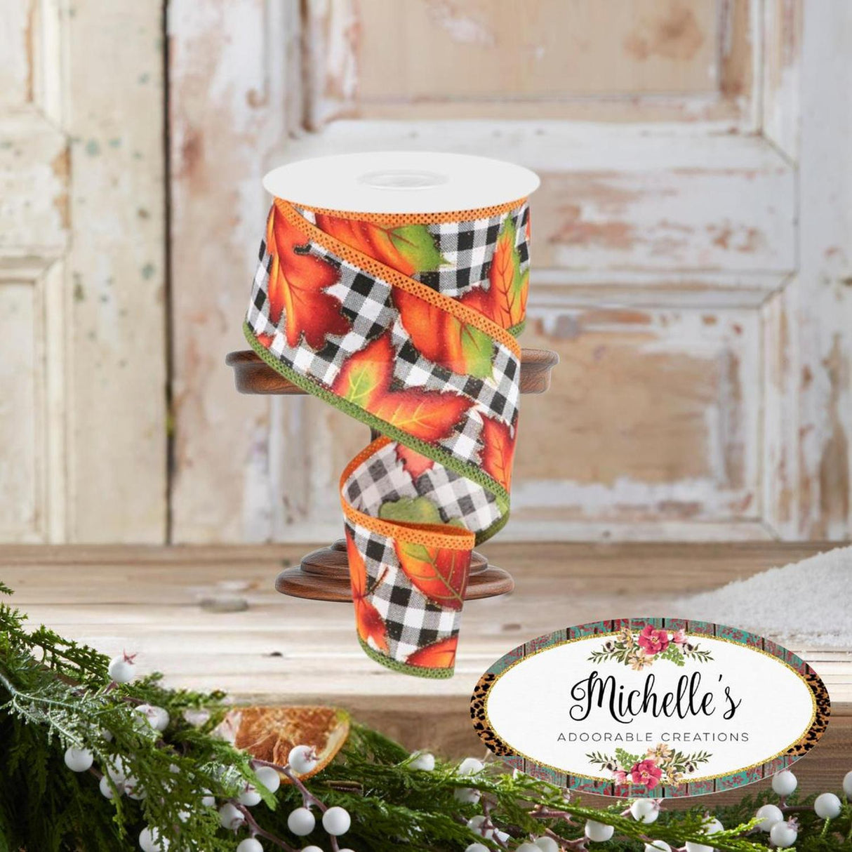 2.5" Autumn Leaves on Check Ribbon: White (10 Yards)