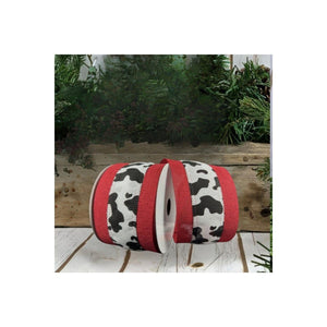 2.5" Black Linen Cow Print Ribbon: Red (10 Yards)