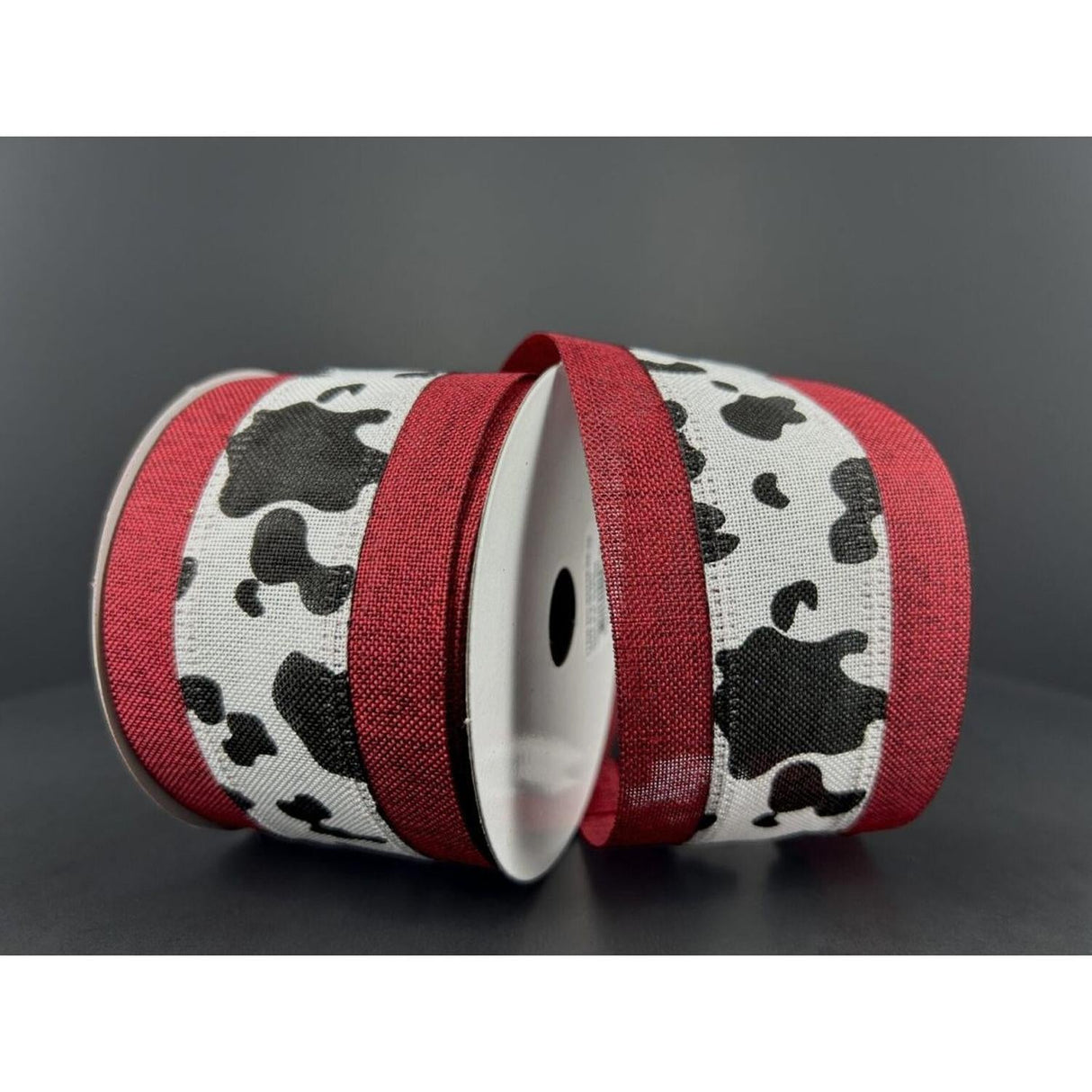 2.5" Black Linen Cow Print Ribbon: Dark Red (10 Yards)