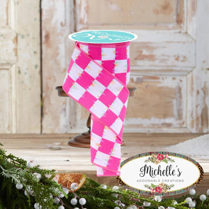 2.5" Bold Antique Checkerboard Ribbon: Hot Pink (10 Yards)