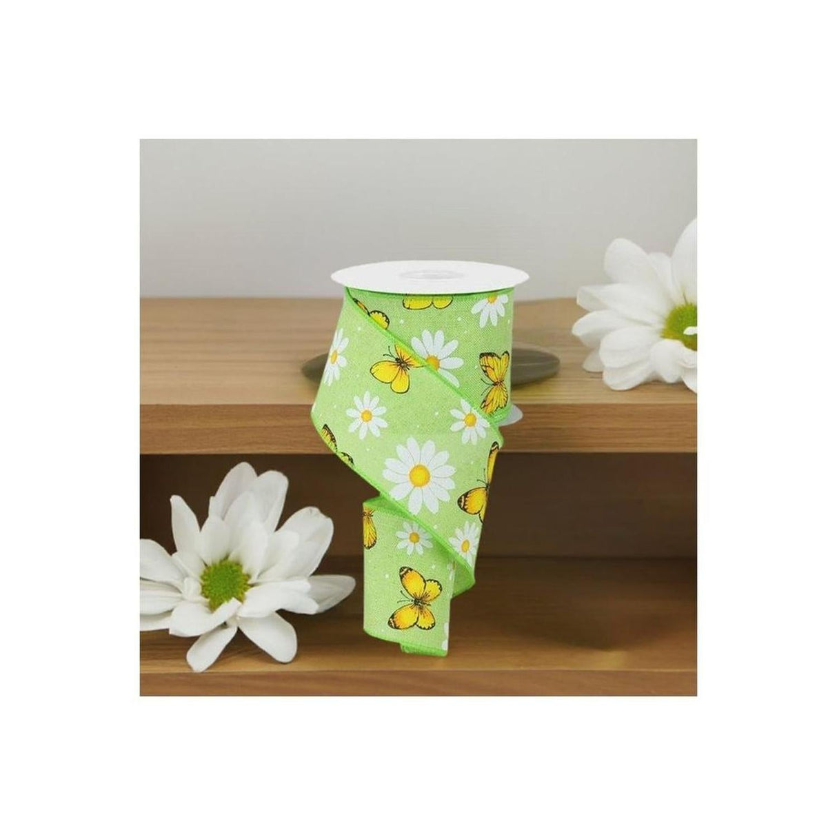 2.5" Butterfly Daisy on Royal Ribbon: Bright Green (10 Yards)