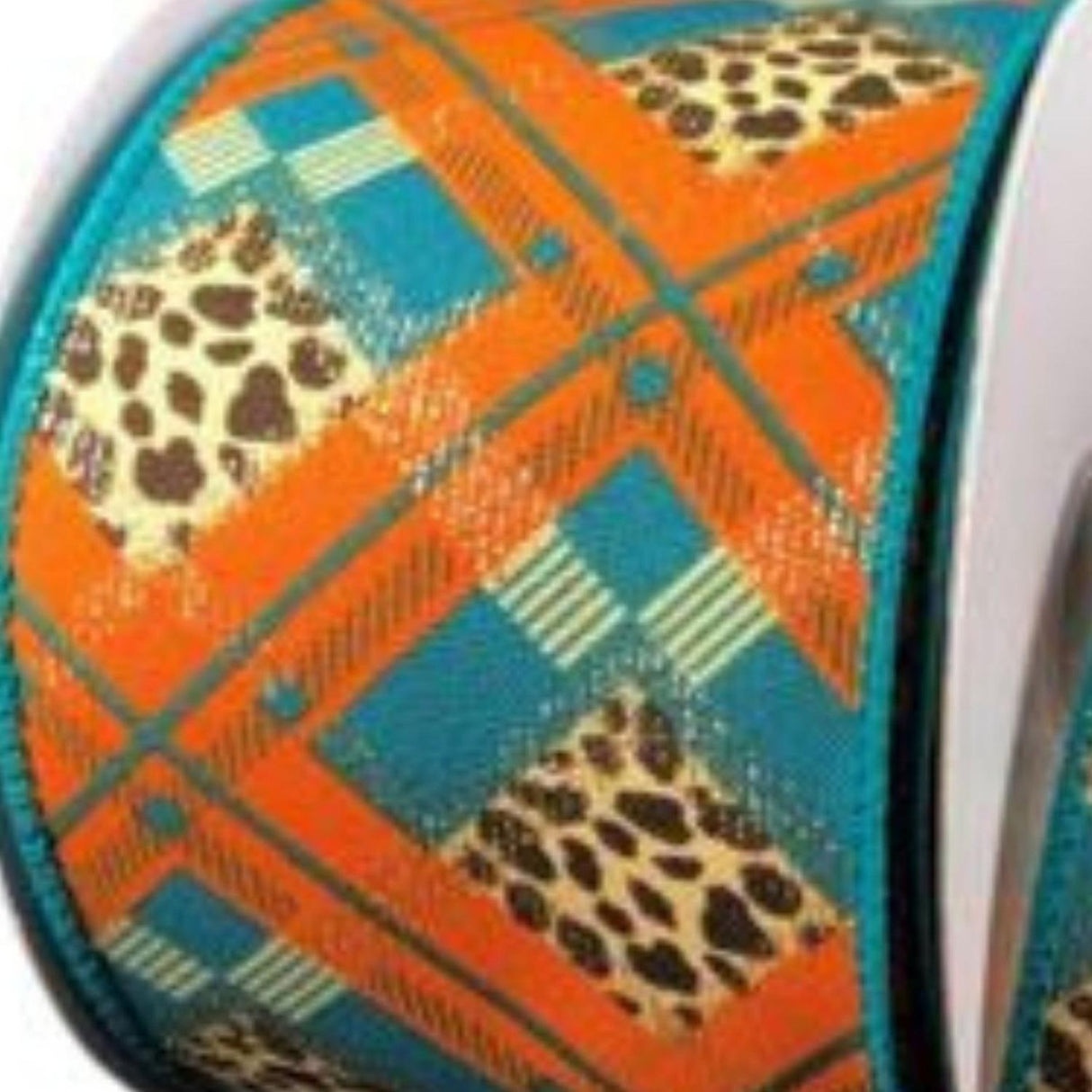 2.5" Cheetah Argyle Plaid Ribbon: Teal & Orange (10 Yards)