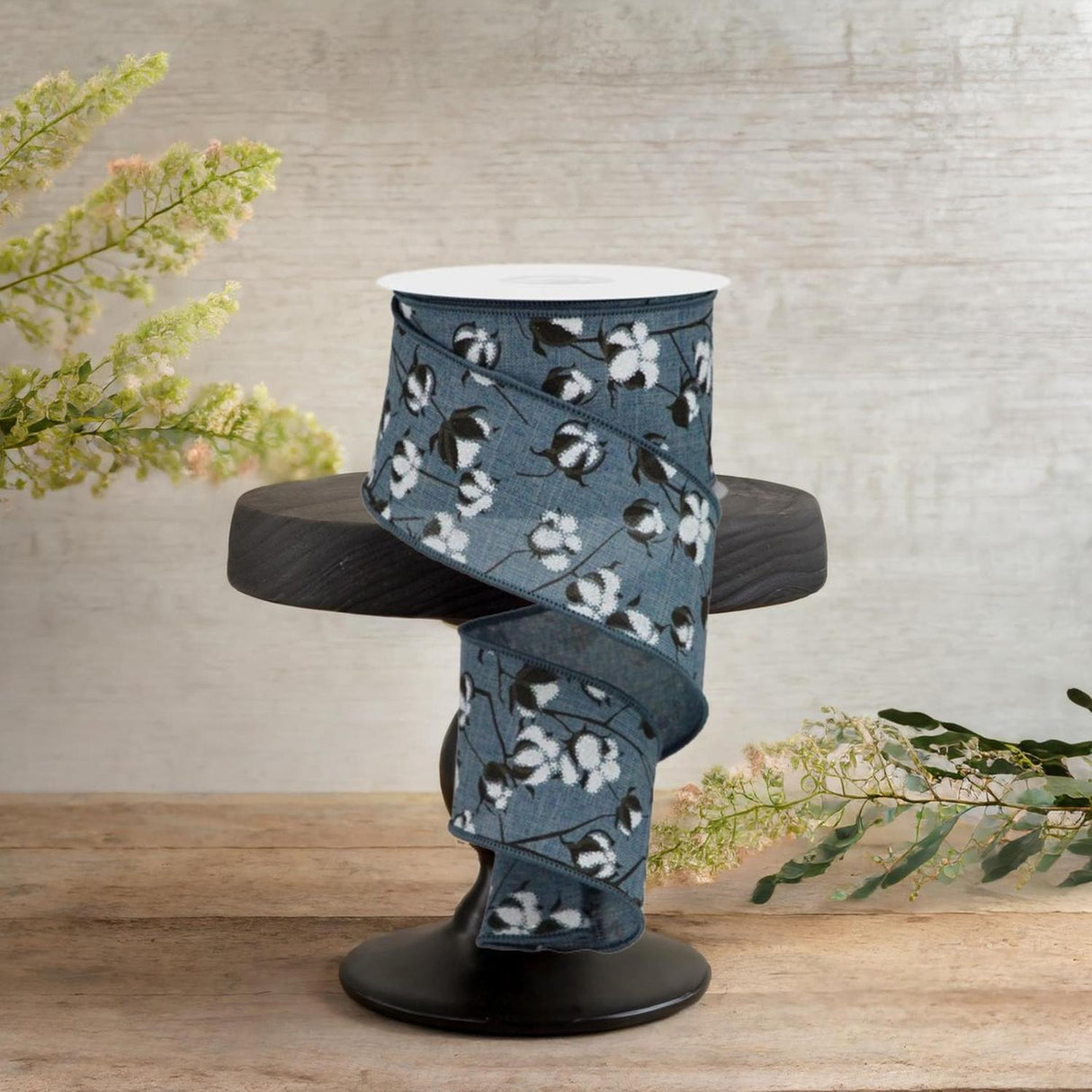 2.5" Cotton Pod Ribbon: Faded Denim & White (10 Yards)