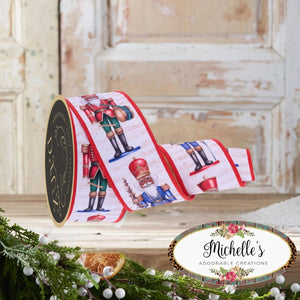 2.5" D'Lux Nutcracker Fused Ribbon: White/Red (10 Yards)