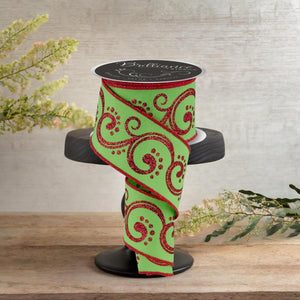 2.5" D'Lux Swirl Design Ribbon: Lime/Red (10 Yards)