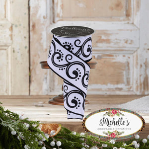 2.5" D'Lux Swirl Design Ribbon: White/Black (10 Yards)
