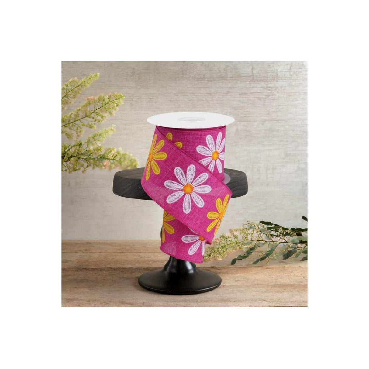 2.5" Embroidered Daisy Ribbon: Fuchsia (10 Yards)