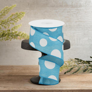 2.5" Faux Burlap Giant Polka Dot Ribbon: Light Blue & White (10 Yards)