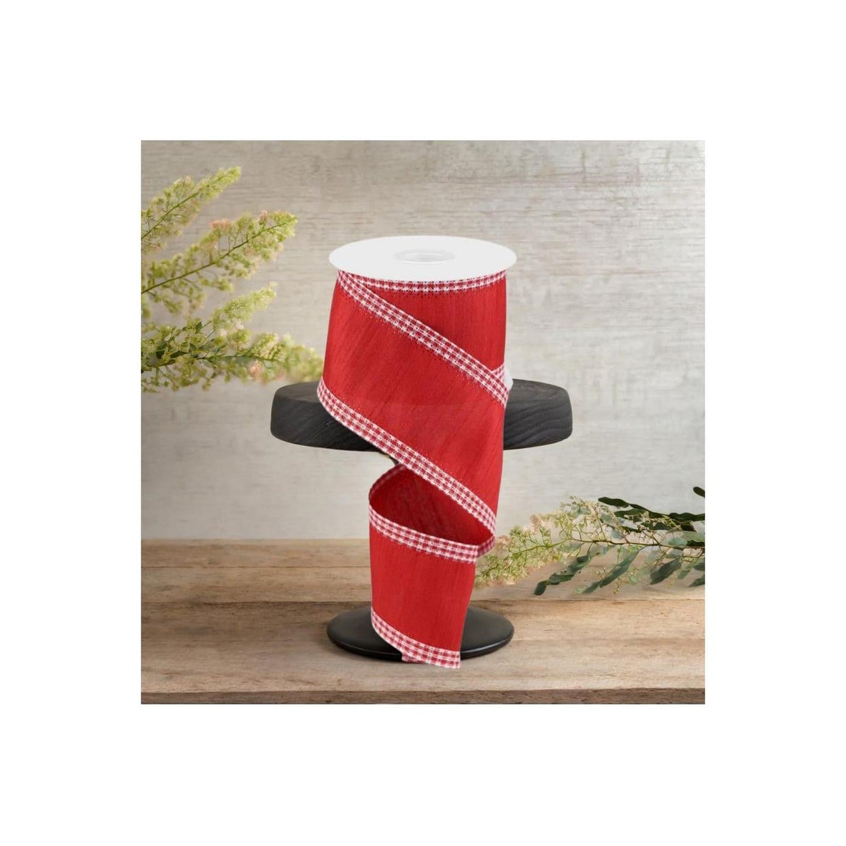 2.5" Faux Dupioni Gingham Edge Ribbon: Red (10 Yards)