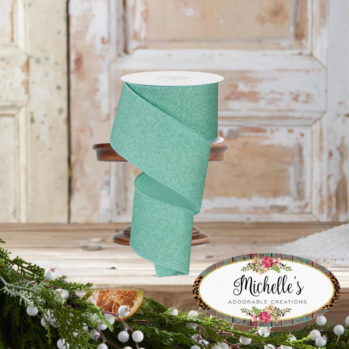2.5" Fine Glitter on Royal Ribbon: Mint Green (10 Yards)