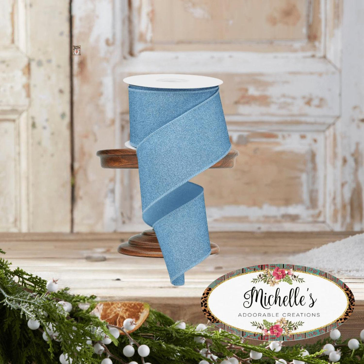 2.5" Fine Glitter On Royal Ribbon: Pale Blue (10 Yards)
