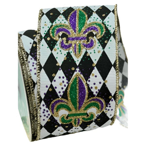2.5" Fleur De Lis Harlequin Ribbon: Mardi Gras (10 Yards)