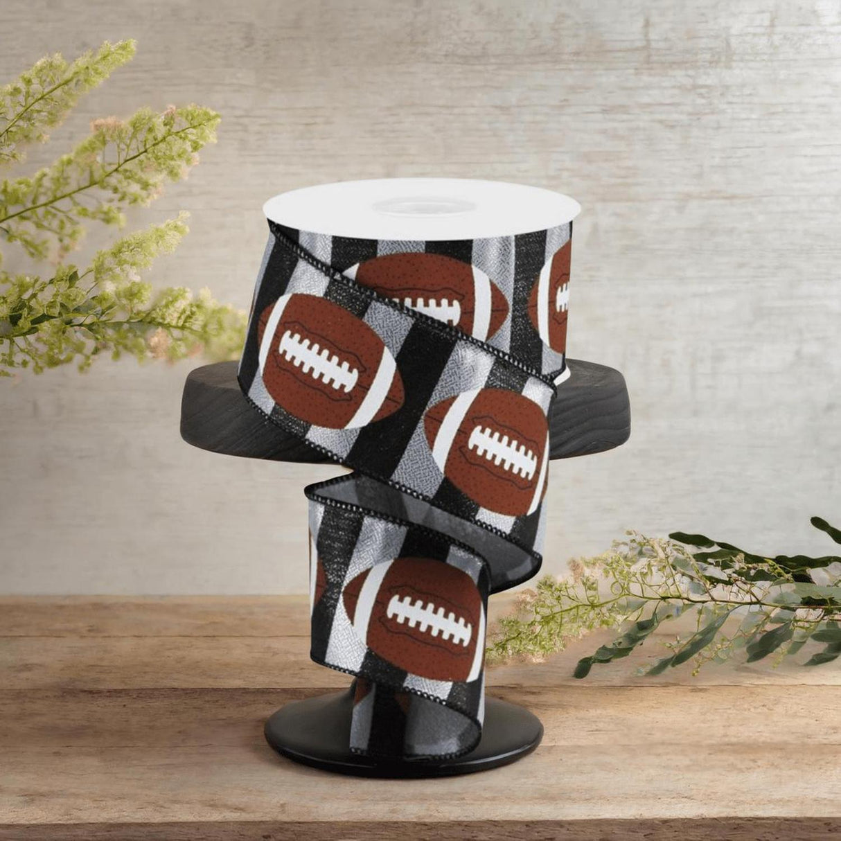 2.5" Footballs On Stripe Ribbon: Black & Silver (10 Yards)