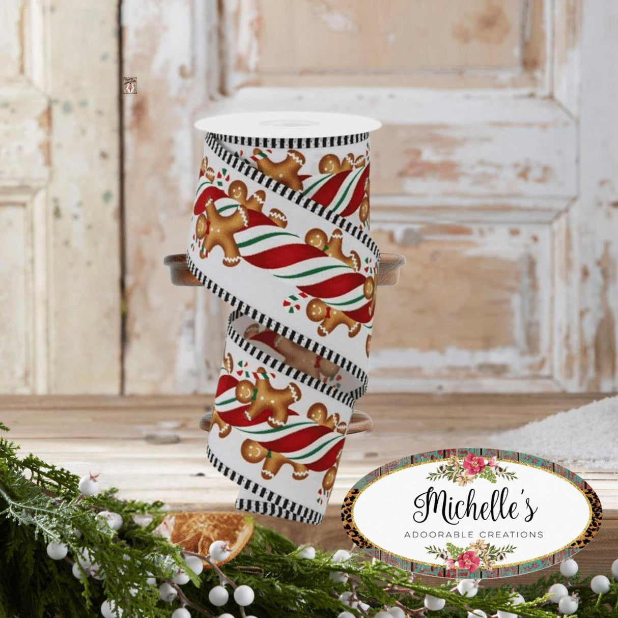 2.5" Gingerbread Kids Stripe Ribbon: White/Red (10 Yards)