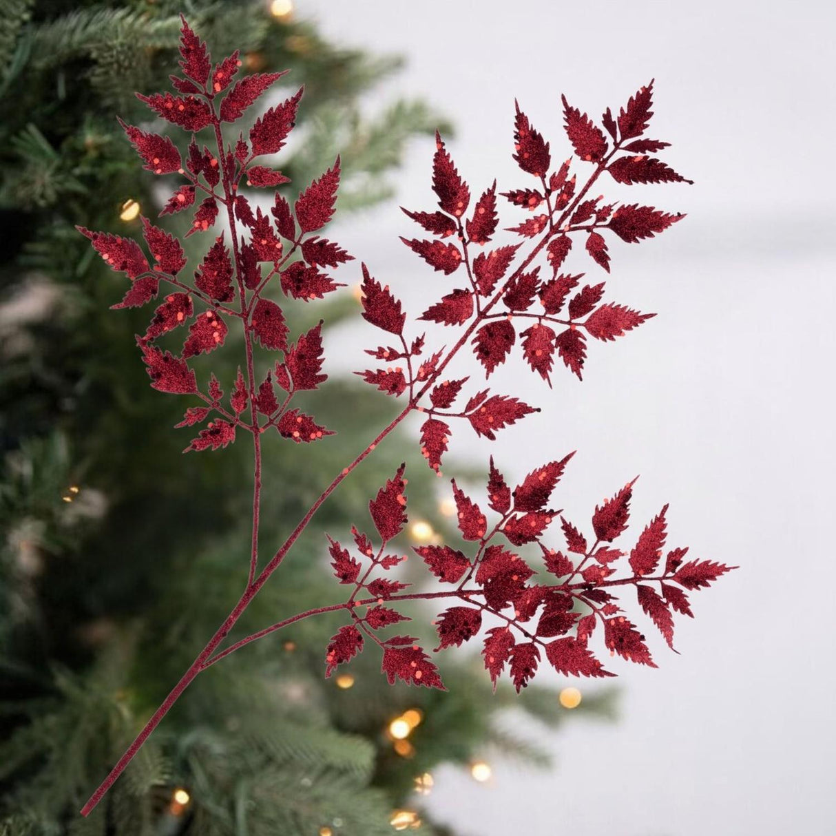 25" Glitter Fern Spray: Burgundy