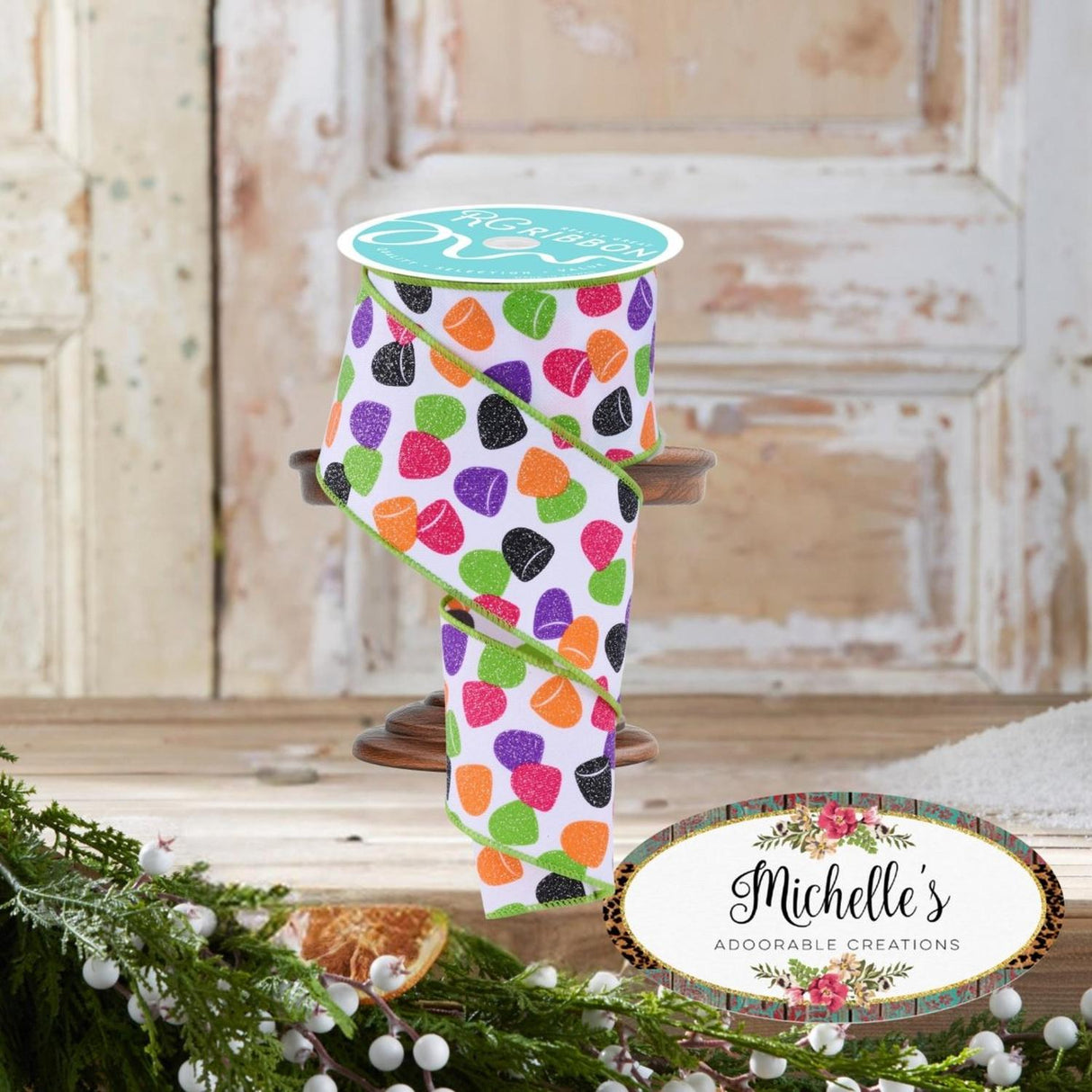 2.5" Glitter Gumdrop Ribbon: Pink/Lime (10 Yards)