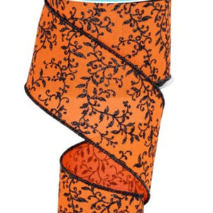 2.5" Glitter Mini Leaf Vines Ribbon: Orange/Black (10 Yards)