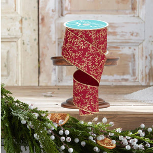 2.5" Glitter Mini Leaf Vines Ribbon: Wine/Gold (10 Yards)