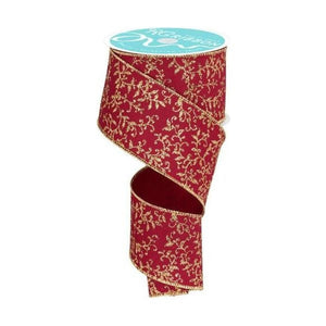 2.5" Glitter Mini Leaf Vines Ribbon: Wine/Gold (10 Yards)