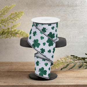 2.5" Glitter Shamrocks Gingham Ribbon: White (10 Yards)