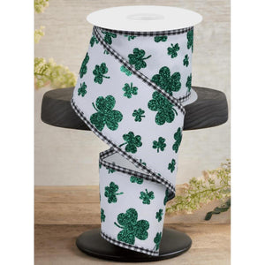 2.5" Glitter Shamrocks Gingham Ribbon: White (10 Yards)