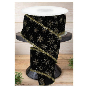 2.5" Glitter Snowflakes Tinsel Ribbon: Gold/Black (10 Yards)