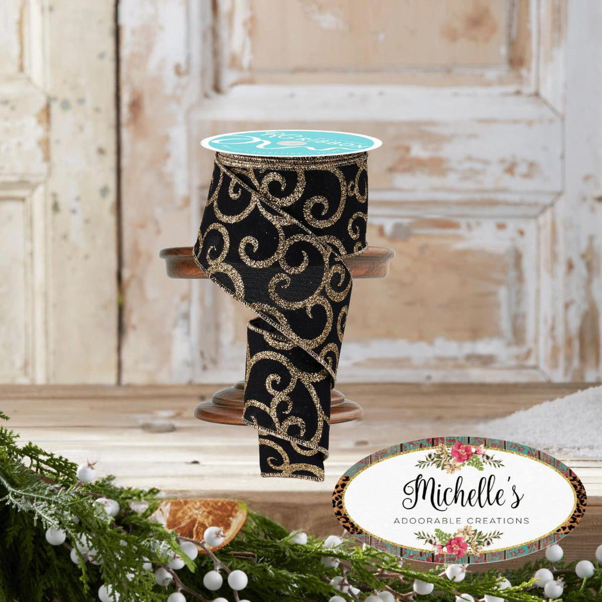 2.5" Glitter Swirl Ribbon: Black/Gold (10 Yards)
