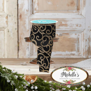 2.5" Glitter Swirl Ribbon: Black/Gold (10 Yards)