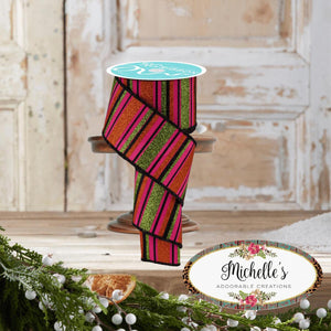 2.5" Horizontal Stripe Ribbon: Pink/Lime/Orange (10 Yards)