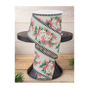 2.5" Jingle Bell Holly Stripe Edge Ribbon: Ivory (10 Yards)