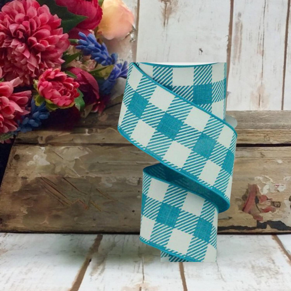 2.5" Large Striped Check Ribbon: Turquoise (10 Yards)