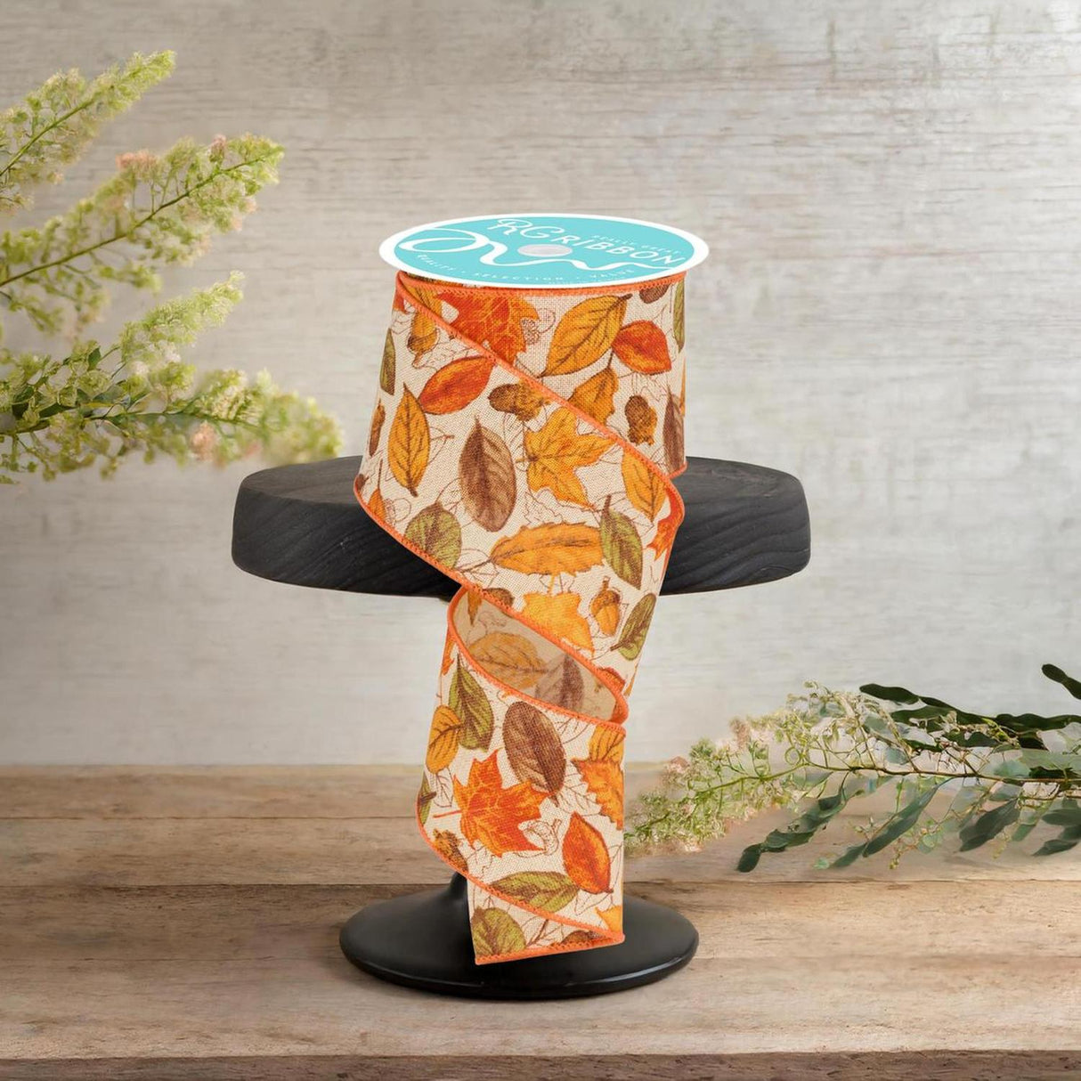 2.5" Leaves and Acorns Ribbon: Tobacco (10 Yards)