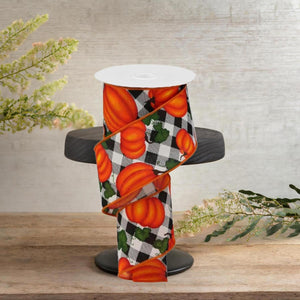 2.5" Leaves Pumpkin on Check Ribbon: Cream (10 Yards)